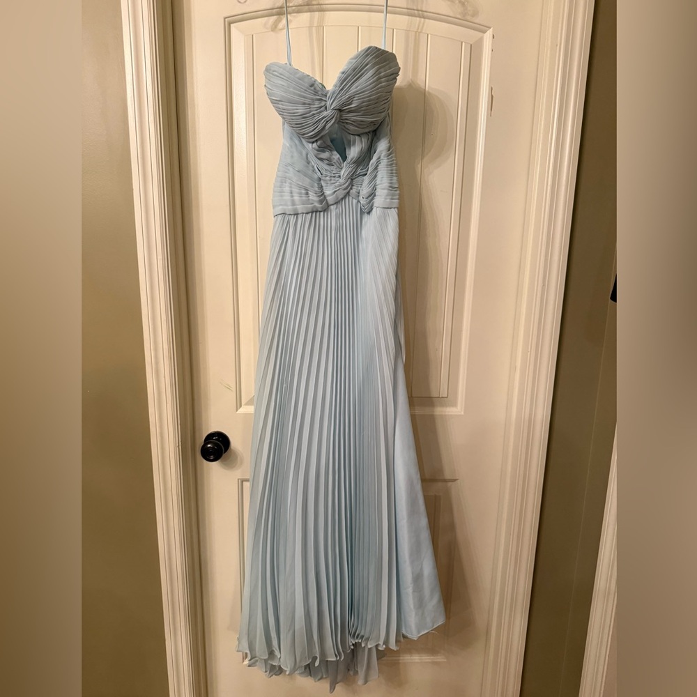 Light Blue Pleated Strapless Evening Gown